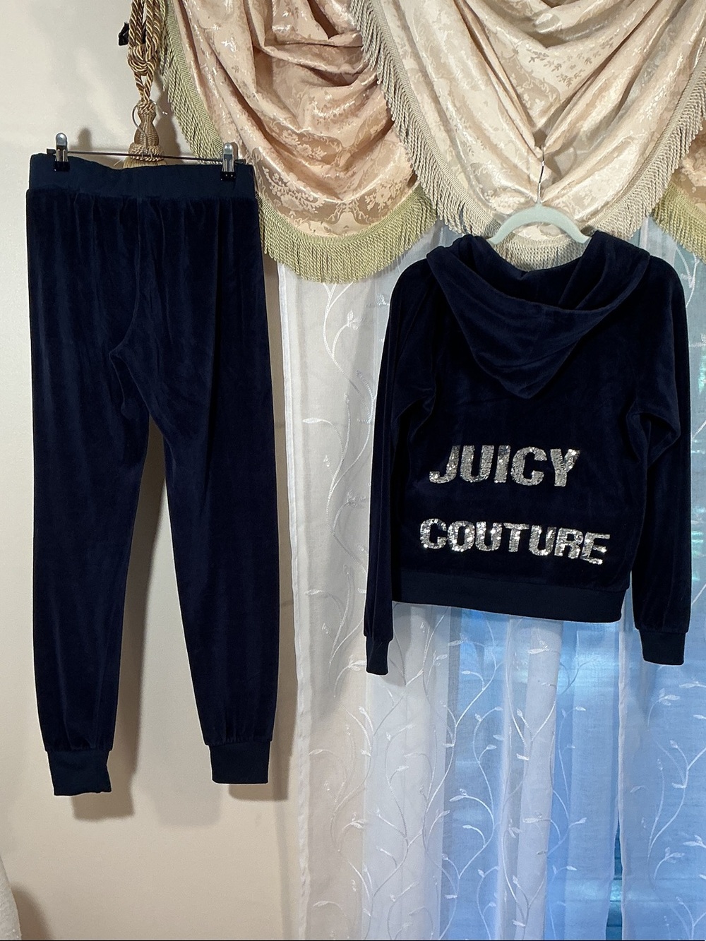 Vintage Y2K Juicy Couture Navy Velour Zip Hoodie Joggers Tracksuit Sz L fits S - Picture 2 of 14